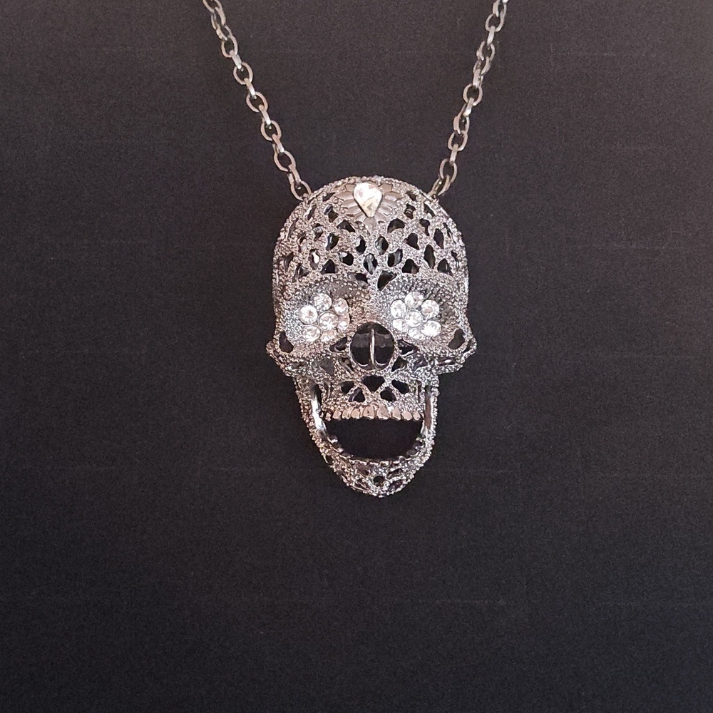 Silver Pewter Skull  Crystal Pendant Necklace